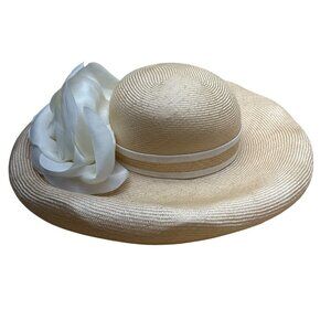 B Michael New York Womens Beige Wide-Brim Straw Hat White Ribbon Flower Accent